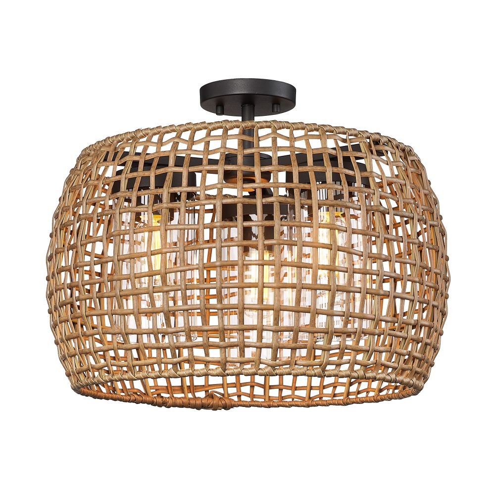Golden Lighting 1067-OSF NB-MAW Piper 3 Light Semi-Flush - Outdoor in Natural Black with Maple All-Weather Wicker Shade